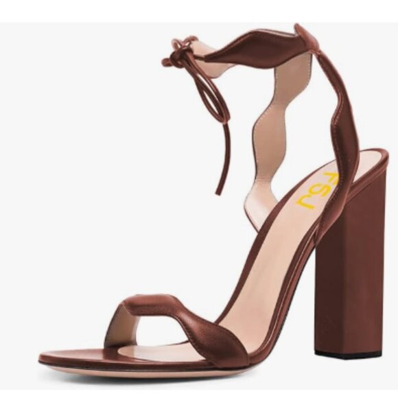 FSJ Saddle Brown Open Toe Sandals Chunky High Heel Lace Up Ankle Strap Sandal - Picture 1 of 8
